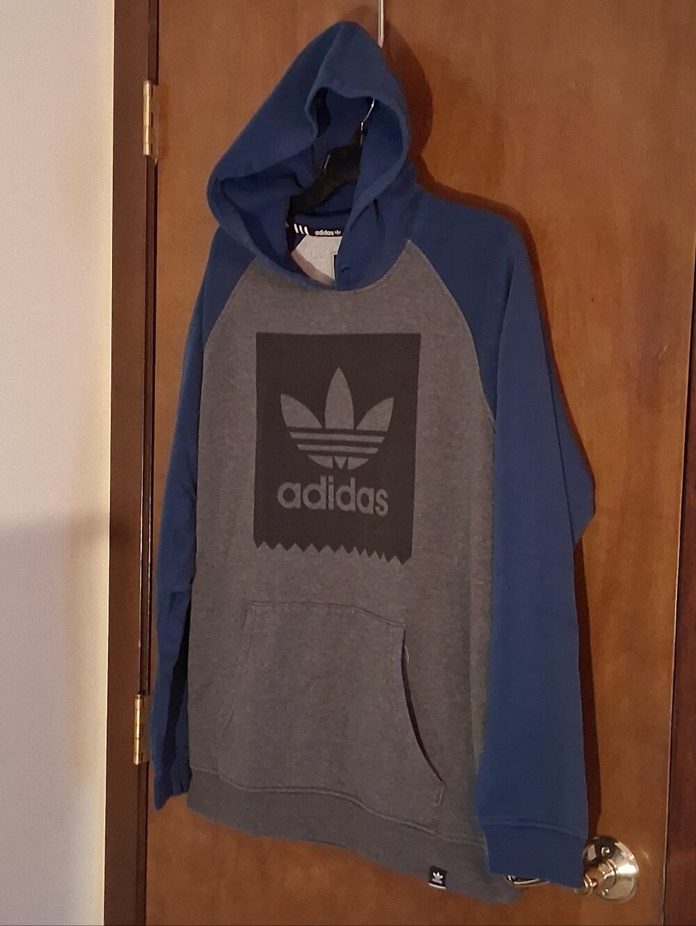 Adidas Originals Trefoil Hoodie Mens Large Blue Gray Raglan Pullover Sweatshirt